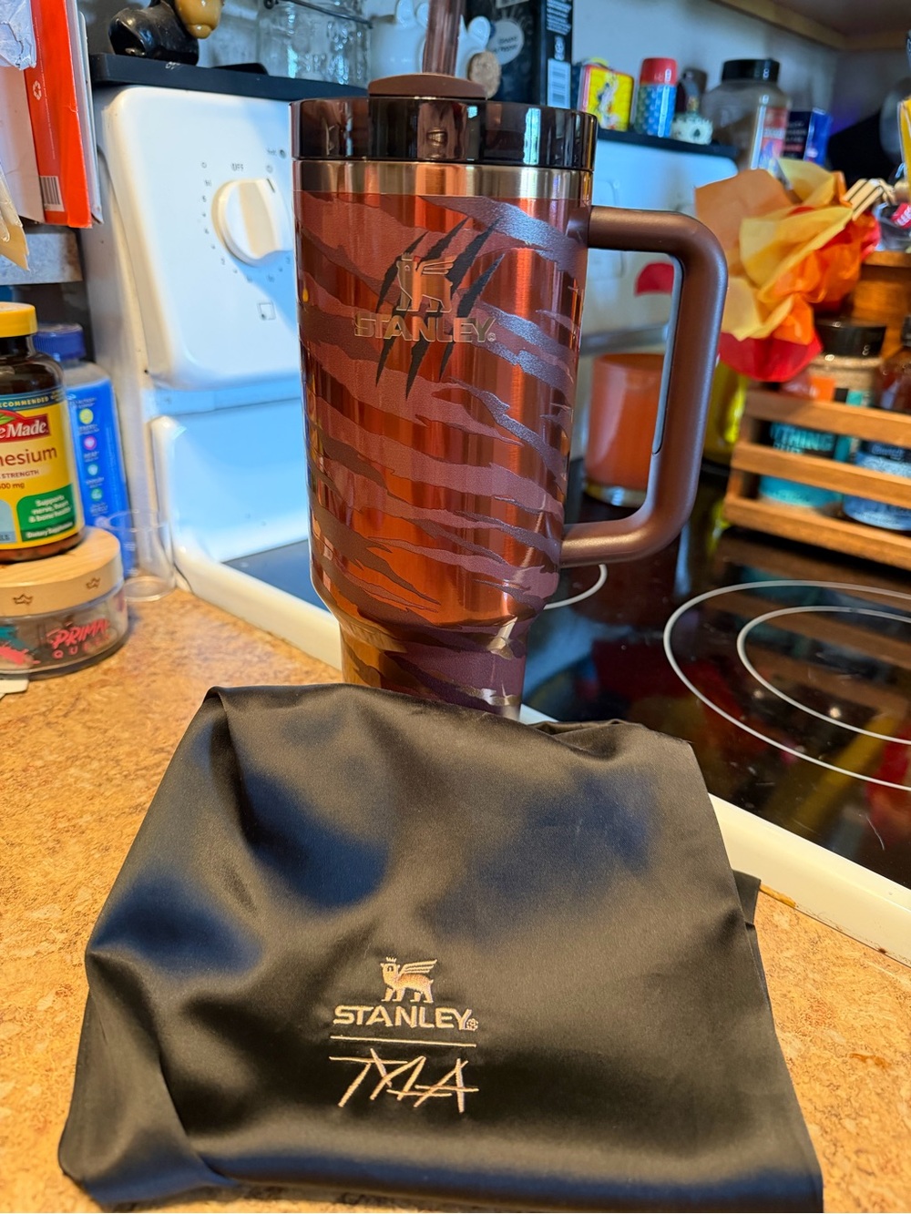 Stanley Brown and Copper Tiger-Striped Insulated Mug with Handle